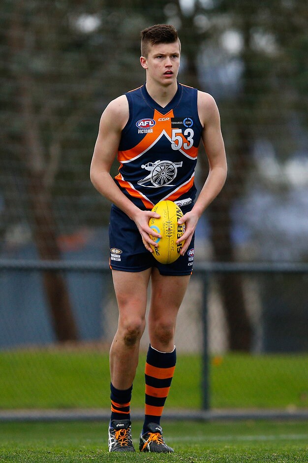 TAC CUP 2016 Rd 15 - Calder Cannons v Gippsland Power MELBOURNE, AUSTRALIA - JULY 30: Mitchell Lewis of the Cannonslooks upfield during the round 15 TAC Cup match between Calder and Gippsland at RAMS Arena on July 30, 2016 in Melbourne, Australia. (Photo by Daniel Pockett/AFL Media)